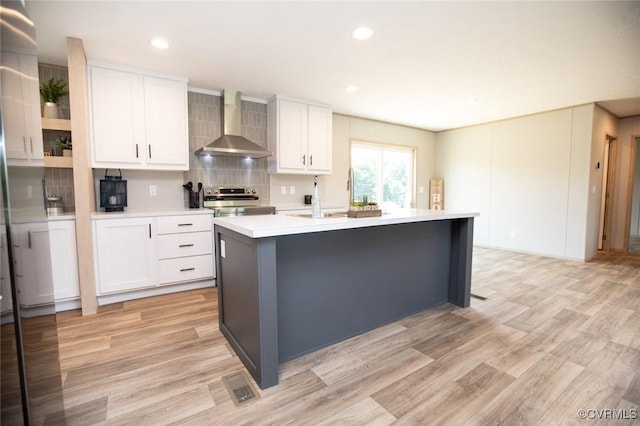 12 Sunset Ln, Rice, VA 23966 - kitchen featuring wall chimney range hood, light countertops, light wood finished floors, white cabinets, and recessed lighting