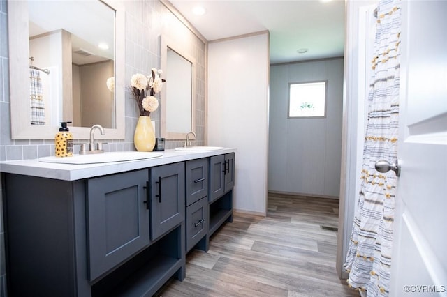 12 Sunset Ln, Rice, VA 23966 - full bath with double vanity, decorative backsplash, and wood finished floors