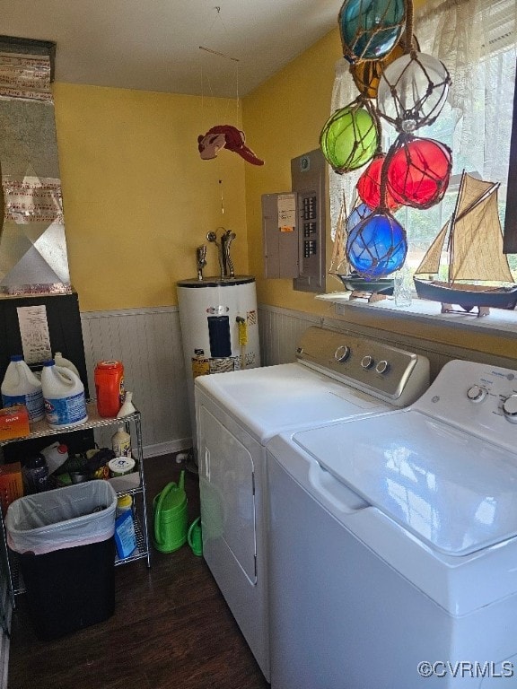 5403 Chesdin Rd, North Dinwiddie, VA 23803 - laundry area with washer and dryer, wainscoting, dark wood-type flooring, wood walls, and water heater