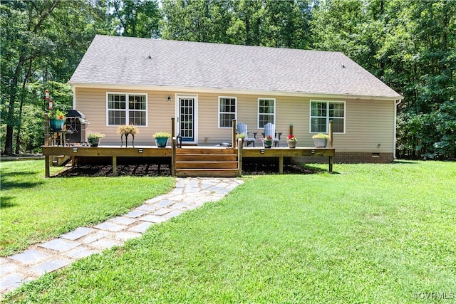 4672 Bell Rd, Powhatan, VA 23139 - back of property featuring a wooden deck, roof with shingles, a lawn, and crawl space