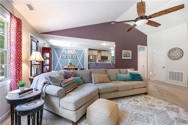 4672 Bell Rd, Powhatan, VA 23139 - living area featuring light colored carpet, ceiling fan, and high vaulted ceiling