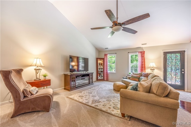 4672 Bell Rd, Powhatan, VA 23139 - carpeted living room with a ceiling fan, high vaulted ceiling, and a glass covered fireplace