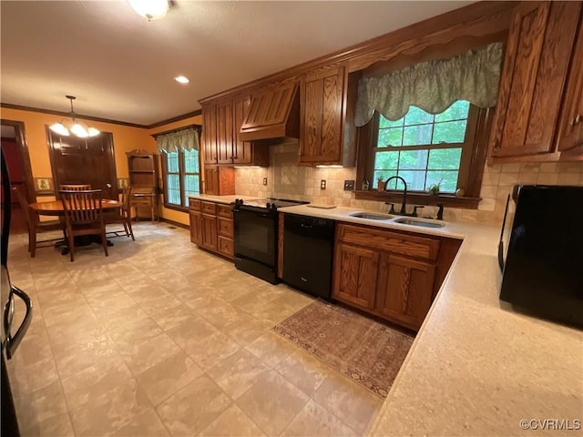 2458 Happy Hill Ln, Mechanicsville, VA 23111 - kitchen featuring black appliances, custom range hood, light countertops, crown molding, and tasteful backsplash