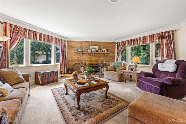 4312 Erlene Ct, Chester, VA 23831 - living room featuring carpet, crown molding, and a stone fireplace