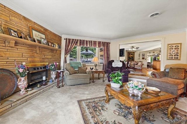 4312 Erlene Ct, Chester, VA 23831 - carpeted living area with a large fireplace, ornamental molding, and ceiling fan