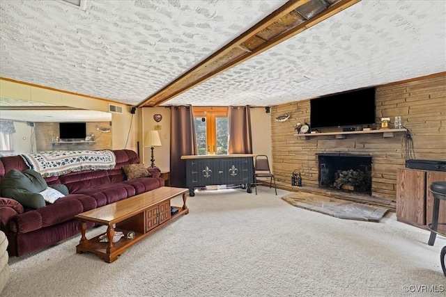 4312 Erlene Ct, Chester, VA 23831 - living room with carpet floors, healthy amount of natural light, a fireplace, wooden walls, and beam ceiling