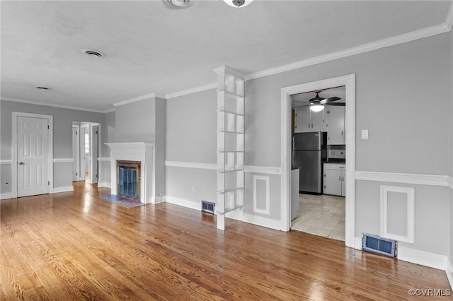3205 Birchbrook Rd, Henrico, VA 23228 - unfurnished living room with ceiling fan, wood finished floors, a fireplace, and ornamental molding