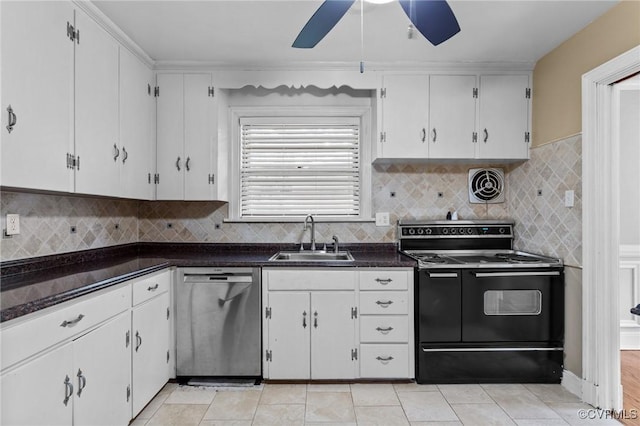 3205 Birchbrook Rd, Henrico, VA 23228 - kitchen with stainless steel dishwasher, black range with electric stovetop, white cabinetry, dark countertops, and a ceiling fan