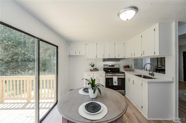 21113 River Rd, Dinwiddie, VA 23885 - kitchen featuring stainless steel range with electric stovetop, under cabinet range hood, light wood-style floors, light countertops, and white cabinetry