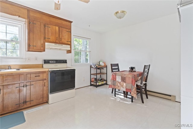 3601 Egan Rd, Chesterfield, VA 23832 - kitchen with white range with electric stovetop, under cabinet range hood, brown cabinetry, light countertops, and a ceiling fan