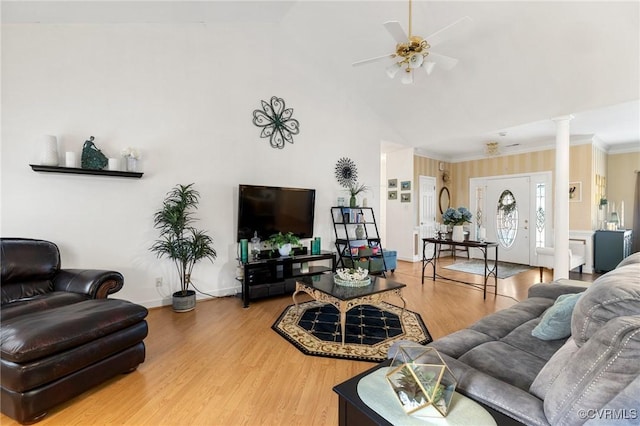 9316 Crossover Dr, Mechanicsville, VA 23116 - living room featuring decorative columns, light wood-style floors, a ceiling fan, ornamental molding, and high vaulted ceiling