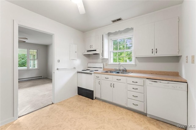 5984 Canterbury Rd, Walkerton, VA 23177 - kitchen with white appliances, under cabinet range hood, a baseboard radiator, white cabinetry, and ceiling fan