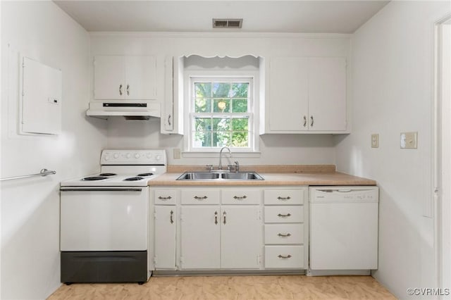 5984 Canterbury Rd, Walkerton, VA 23177 - kitchen with white appliances, electric panel, under cabinet range hood, light countertops, and white cabinets