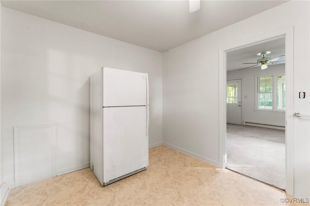 5984 Canterbury Rd, Walkerton, VA 23177 - kitchen featuring freestanding refrigerator, a baseboard heating unit, and ceiling fan