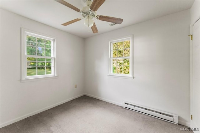 5984 Canterbury Rd, Walkerton, VA 23177 - unfurnished room with a baseboard heating unit, plenty of natural light, light colored carpet, and ceiling fan