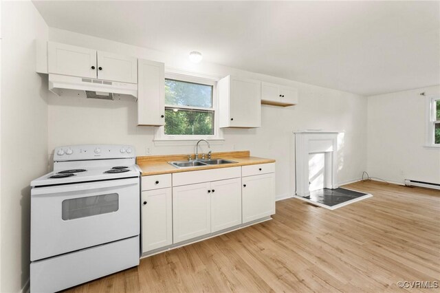5994 Canterbury Rd, Walkerton, VA 23177 - kitchen featuring white electric range oven, under cabinet range hood, white cabinetry, and light wood-type flooring