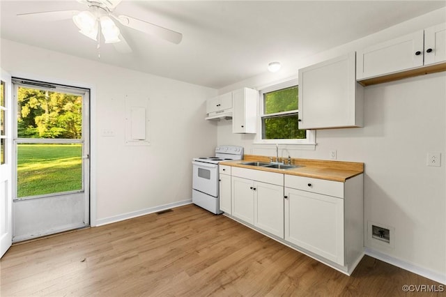 5994 Canterbury Rd, Walkerton, VA 23177 - kitchen with white range with electric stovetop, under cabinet range hood, light wood-type flooring, and white cabinets