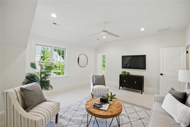 9301 Carriage Stone Ct, Richmond, VA 23235 - living room featuring light carpet, lofted ceiling, ceiling fan, and recessed lighting
