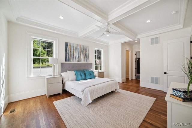 9301 Carriage Stone Ct, Richmond, VA 23235 - bedroom with crown molding, wood finished floors, beam ceiling, coffered ceiling, and ceiling fan