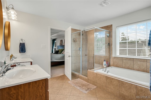 14919 Bayfront Pl, Midlothian, VA 23112 - bathroom featuring connected bathroom, double vanity, a shower stall, tile patterned floors, and a garden tub