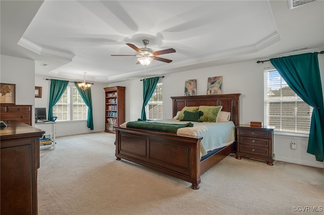 14919 Bayfront Pl, Midlothian, VA 23112 - bedroom featuring a tray ceiling, light colored carpet, an office area, crown molding, and ceiling fan