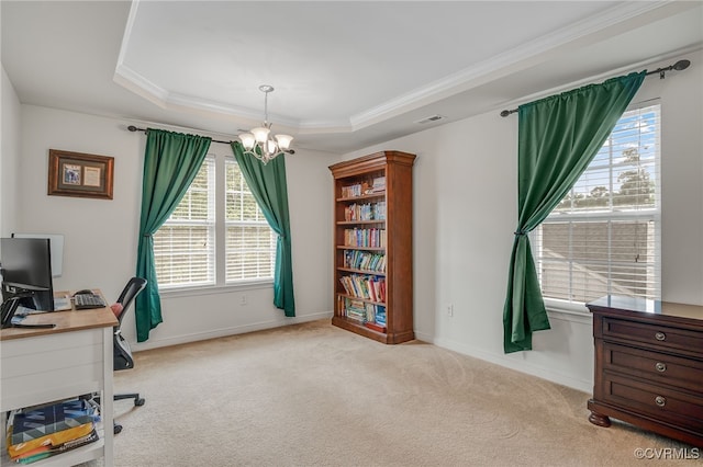 14919 Bayfront Pl, Midlothian, VA 23112 - office with a chandelier, a raised ceiling, light colored carpet, plenty of natural light, and crown molding