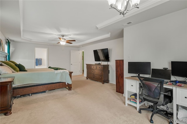 14919 Bayfront Pl, Midlothian, VA 23112 - bedroom with a tray ceiling, light carpet, an office area, a chandelier, and ceiling fan