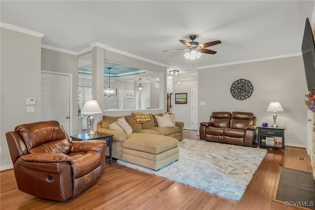 14919 Bayfront Pl, Midlothian, VA 23112 - living area with wood-type flooring, a ceiling fan, ornamental molding, and a chandelier