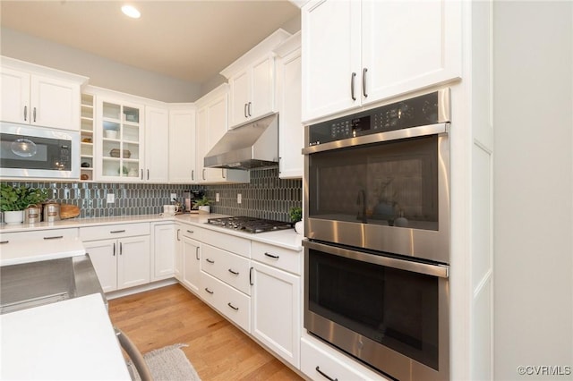 5024 Rivermere Ln, Glen Allen, VA 23059 - kitchen with stainless steel appliances, under cabinet range hood, white cabinetry, decorative backsplash, and light countertops