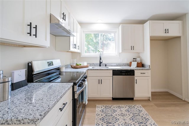 4205 W End Dr, Henrico, VA 23294 - kitchen featuring appliances with stainless steel finishes, under cabinet range hood, white cabinets, and light wood-style floors