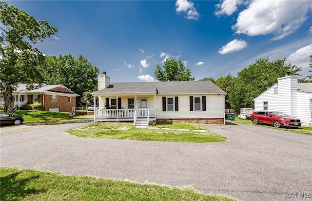 9286 Hungary Rd, Glen Allen, VA 23060 - ranch-style home with a porch, driveway, a chimney, a front yard, and crawl space