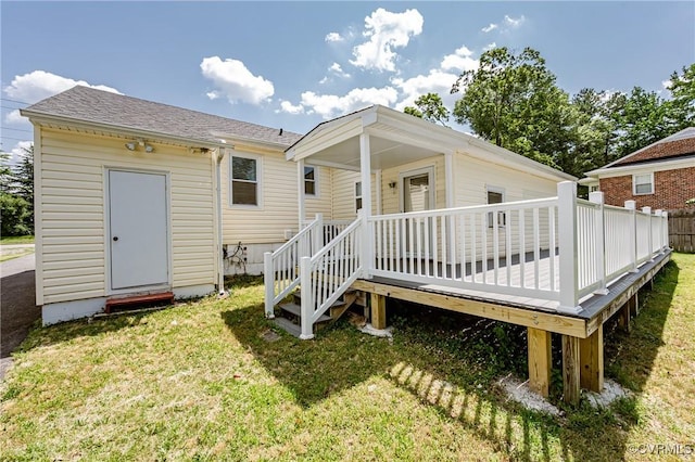 9286 Hungary Rd, Glen Allen, VA 23060 - rear view of property featuring a lawn, a wooden deck, and a shingled roof