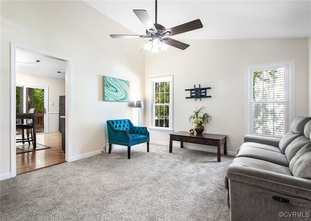 2705 Glen Point Cir, Henrico, VA 23233 - living room featuring carpet floors, lofted ceiling, and a ceiling fan