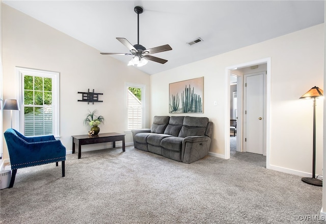 2705 Glen Point Cir, Henrico, VA 23233 - living room featuring plenty of natural light, ceiling fan, lofted ceiling, and carpet