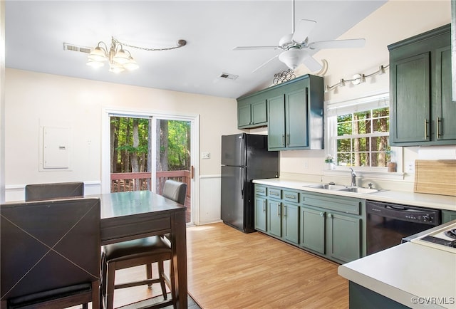 2705 Glen Point Cir, Henrico, VA 23233 - kitchen with black appliances, green cabinets, light countertops, lofted ceiling, and ceiling fan
