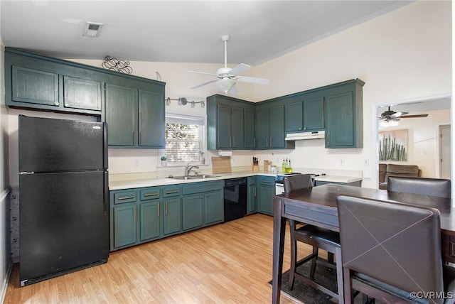 2705 Glen Point Cir, Henrico, VA 23233 - kitchen with black appliances, ceiling fan, under cabinet range hood, and light countertops