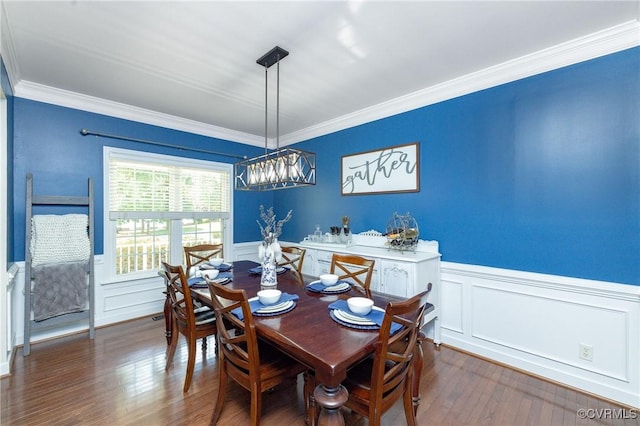 13114 Hampton Meadows Ter, Chesterfield, VA 23832 - dining area featuring dark wood-type flooring, crown molding, a wainscoted wall, a decorative wall, and a chandelier