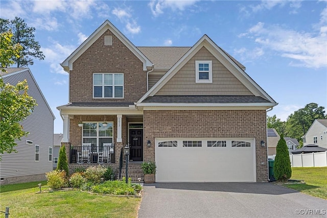 7012 Hapsburg Ct, Henrico, VA 23231 - craftsman-style house with a porch, brick siding, a front lawn, asphalt driveway, and a garage