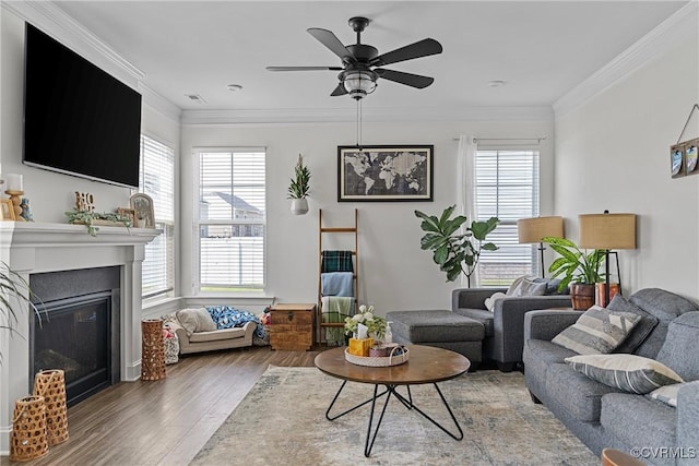 7012 Hapsburg Ct, Henrico, VA 23231 - living area with wood finished floors, ceiling fan, a glass covered fireplace, and ornamental molding