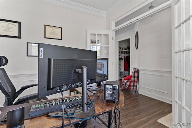 7012 Hapsburg Ct, Henrico, VA 23231 - office with ornamental molding, a decorative wall, wood finished floors, and wainscoting
