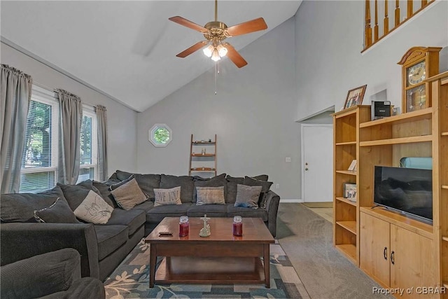 8187 Lord Fairfax Cir, Gloucester, VA 23061 - living area with a ceiling fan, carpet, and high vaulted ceiling
