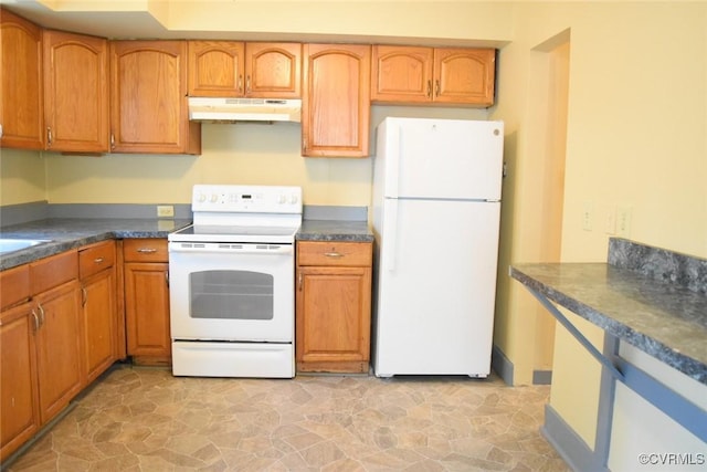 1642 Free State Rd, Meherrin, VA 23954 - kitchen with white appliances, under cabinet range hood, dark countertops, and brown cabinetry