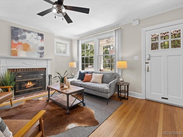3303 Woodrow Ave, Richmond, VA 23222 - living area featuring hardwood / wood-style flooring, a ceiling fan, a fireplace, and crown molding