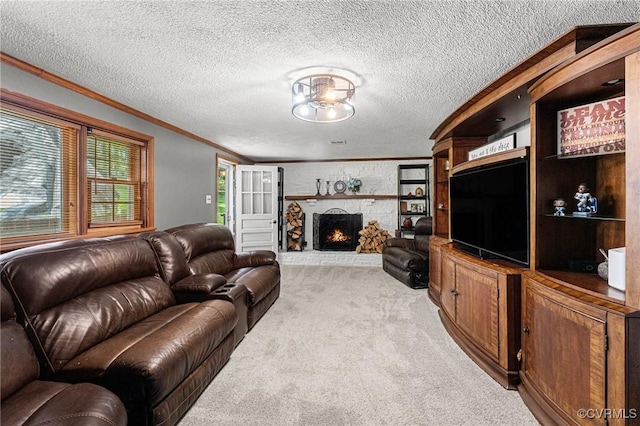1200 Hybla Rd, Richmond, VA 23236 - living room featuring light colored carpet, ornamental molding, a textured ceiling, and a brick fireplace