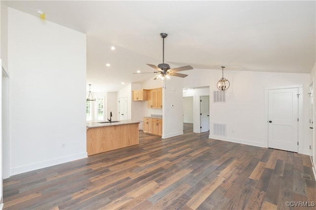 TBD Union Church Rd, Beaverdam, VA 23015 - unfurnished living room featuring vaulted ceiling, dark wood-style floors, ceiling fan, and recessed lighting