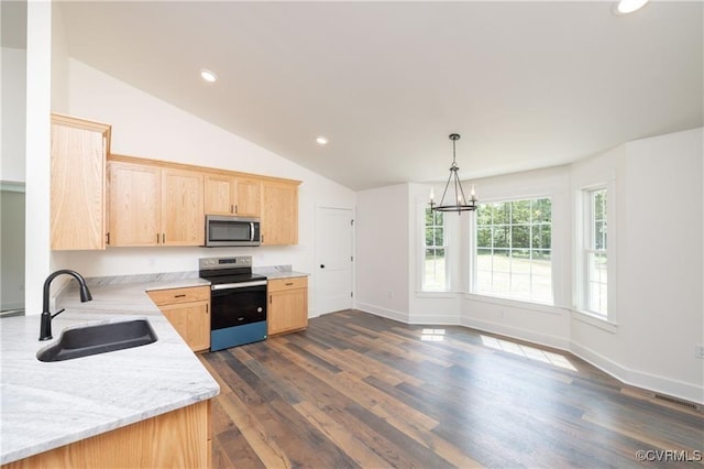 TBD Union Church Rd, Beaverdam, VA 23015 - kitchen featuring appliances with stainless steel finishes, light brown cabinets, vaulted ceiling, a chandelier, and dark wood finished floors