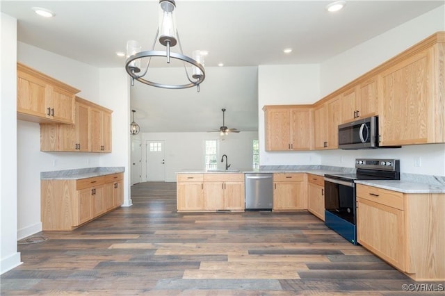 TBD Union Church Rd, Beaverdam, VA 23015 - kitchen featuring stainless steel appliances, light brown cabinetry, a peninsula, a chandelier, and dark wood-style flooring