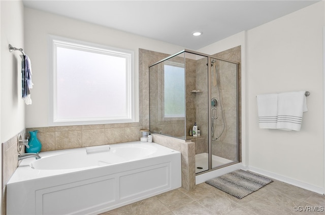 14942 Bridge Spring Dr, Midlothian, VA 23113 - bathroom with a garden tub, a shower stall, and tile patterned floors