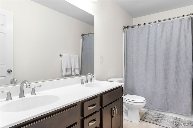 14942 Bridge Spring Dr, Midlothian, VA 23113 - full bath featuring double vanity, tile patterned flooring, and a shower with shower curtain