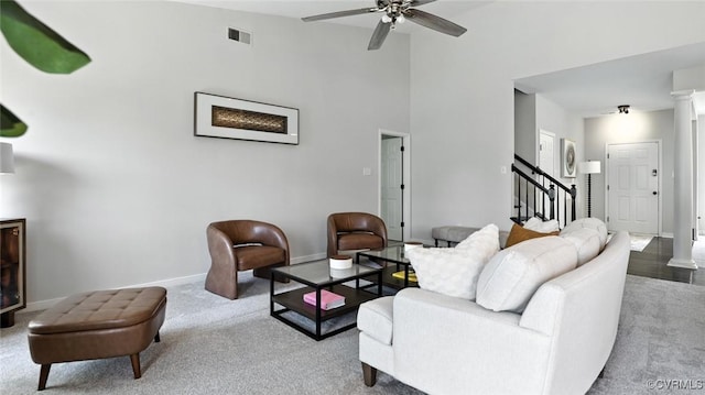 3208 Warm Springs Way, Henrico, VA 23223 - carpeted living room with stairway, a ceiling fan, and decorative columns